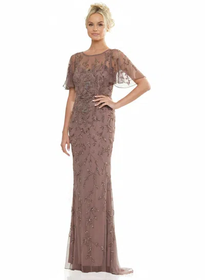 Marsoni Mv1281 Mother Of The Bride Beaded Mesh Short Sleeve Dress In Brown