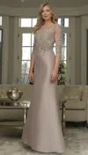 Marsoni Mv1357 Mother Of The Bride Floral Lace Applique Long Formal Dress In Brown