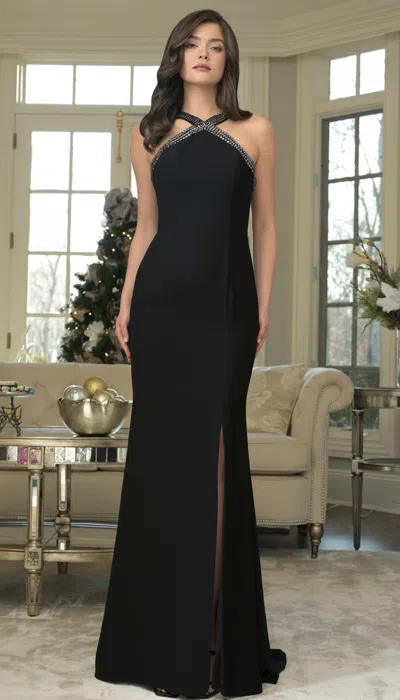 Marsoni Mv1363 Long Slit Beaded Formal Evening Dress In Black