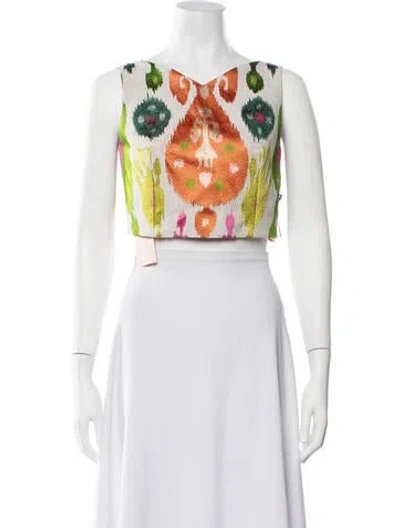 Pre-owned Marta Ferri Printed V-neck Crop Top In Yellow