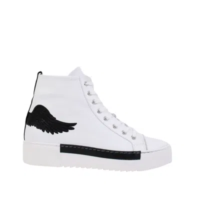 Marte Women's Black / White Angel's High - Side Zip Hi-top In White With Black Wing In Black/white