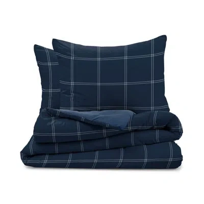 Martex Solid Color Reversible Comforter And Sham Bedding Set Super Soft Brushed Fabric In Navy Check