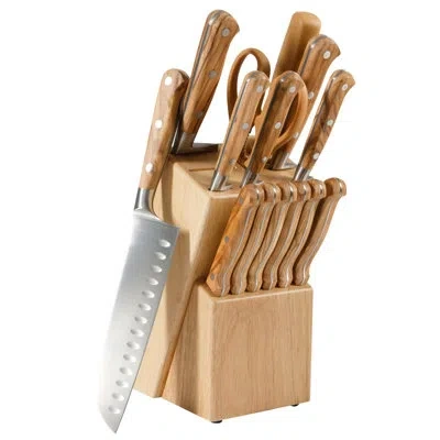 Martha Stewart 15 Piece Austenwood German Stainless Steel Cutlery Kitchen Knife Block Set W/ Italian Olive Wood For In Brown