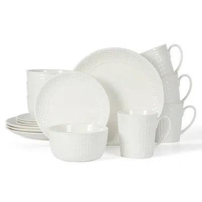 Martha Stewart 16 Piece Basket Weave New Bone China Embossed Porcelain Dinnerware Set In White
