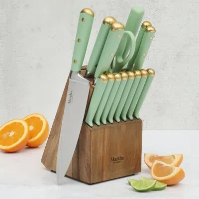 Martha Stewart 16 Piece Lockton High Carbob Stainless Steel Cutlery Kitchen Knife Block Set W/ Abs Tripe Riveted Fo In Green