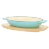 Martha Stewart 2 Piece Enameled Cast Iron Oval Casserole Birch Wood Trivet Set In Aqua In Blue