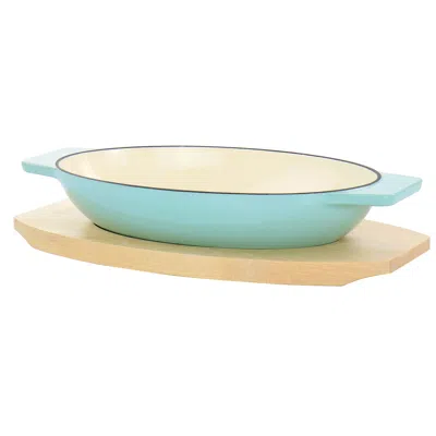 MARTHA STEWART 2 PIECE ENAMELED CAST IRON OVAL CASSEROLE BIRCH WOOD TRIVET SET IN AQUA