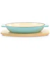 Martha Stewart 2 Piece Enameled Cast Iron Oval Casserole Birch Wood Trivet Set In Aqua In Aqua