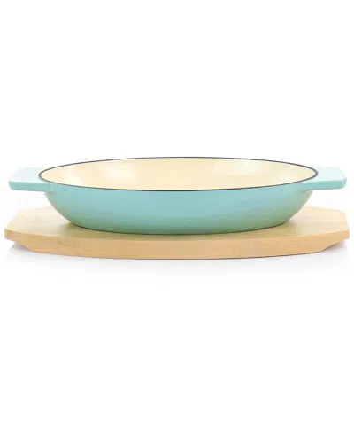 MARTHA STEWART MARTHA STEWART 2PC ENAMELED CAST IRON OVAL CASSEROLE BIRCH WOOD TRIVET SET