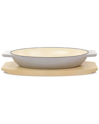 Martha Stewart 2pc Enameled Cast Iron Oval Casserole Birch Wood Trivet Set In Brown