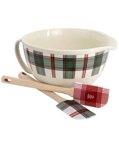 Martha Stewart 3pc Holiday Plaid Stoneware 3.4qt Batter Bowl Set With Silicone Spatulas In Multi