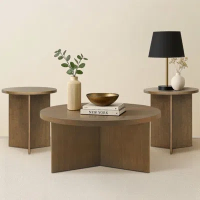 Martha Stewart 3-piece Modern Living Room Table Set With Round Tops And Scupltural Panel Base In Walnut Brown