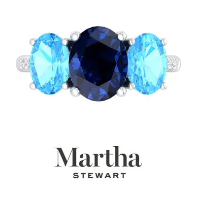 Martha Stewart 5 Carat Oval Shape Gemstone Three Stone Ring With Lab Grown Diamonds In Sterling Silver, Choose Your In Blue