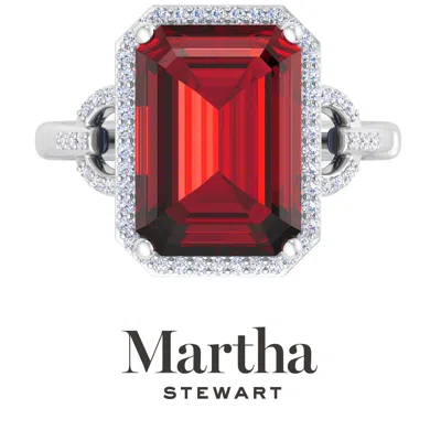 Martha Stewart 7 1/3 Carat Emerald Cut Gemstone Halo Ring With Lab Grown Diamonds In Sterling Silver, Choose Your G In Red