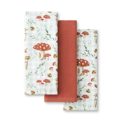 Martha Stewart Autumn Harvest Mushroom Plaid Kitchen Towel 3-pack Set, 100% Cotton With Absorbent Terrycloth, Decor In White;green;orange