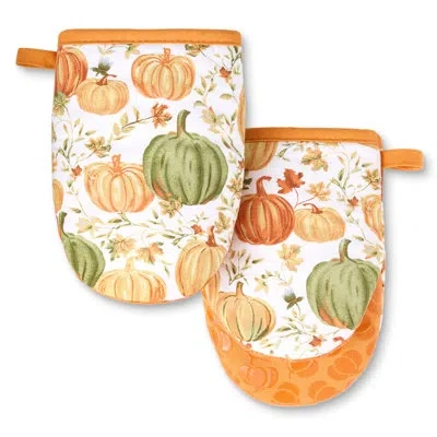 Martha Stewart Autumn Harvest Pumpkins Mini Oven Mitt 2-pack Set, 100% Cotton With Decorative Non-slip Silicone Gri In Orange,green,ivory;orange,green,ivory