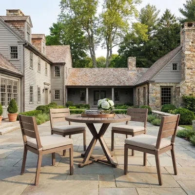 Martha Stewart Bedford All-weather Patio Set With 36" Round Trestle Base Table And 4 Stack Chairs In Cream,brown