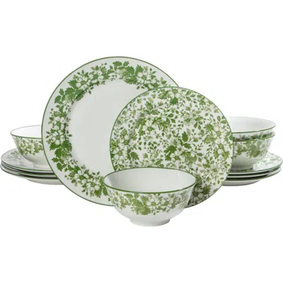 Martha Stewart Bedford Floral 12 Piece Porcelain Dinnerware Set For 4, Plates And Bowls In Green