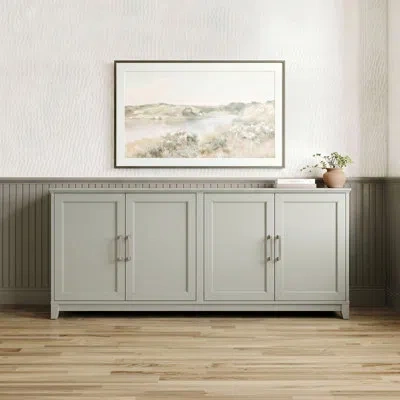 Martha Stewart Bedford Wooden 4-door Tv Stand-adjustable Shelves-solid Wood Frame And Legs In Gray