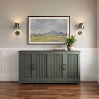 Martha Stewart Bedford Wooden 4-door Tv Stand-adjustable Shelves-solid Wood Frame And Legs In Green