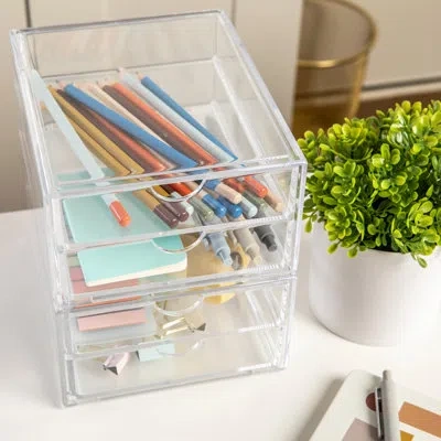 Martha Stewart Brody Plastic Desktop Storage With 2 Half Moon Opening Pullout Drawers In Clear