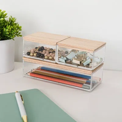 Martha Stewart Brody Premium Plastic Storage Bins With Wooden Lids In Brown