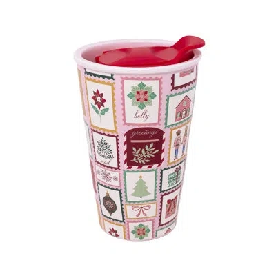 Martha Stewart Ceramic Travel Mug, Holiday Stamps In Red;pink