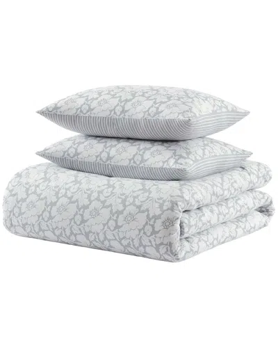 Martha Stewart Copper Floral Stripe Cotton Flannel Comforter Set In Gray