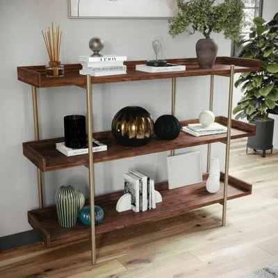 Martha Stewart Emmett Storage Display Bookcase With Vertical Steel Support Posts In Walnut Wood Grain,polished Brass