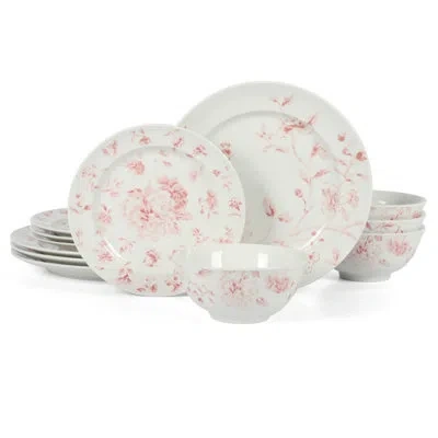 Martha Stewart Empress Bouquet 12 Piece Decorated Porcelain  Dinnerware Plates And Bowls Set - Pink Floral In White;pink