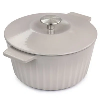 Martha Stewart Enameled Cast Iron 5 Quart Embossed Stripe Dutch Oven With Lid In Warm Grey In Taupe