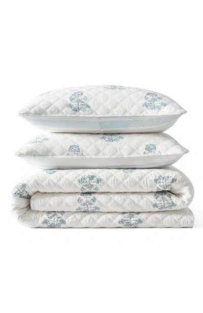 Martha Stewart Flower Block Printed Cotton Quilt Set In Winter Blue