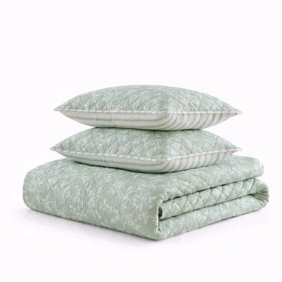 Martha Stewart French Bird Floral Cotton Green Quilt Set In White;green
