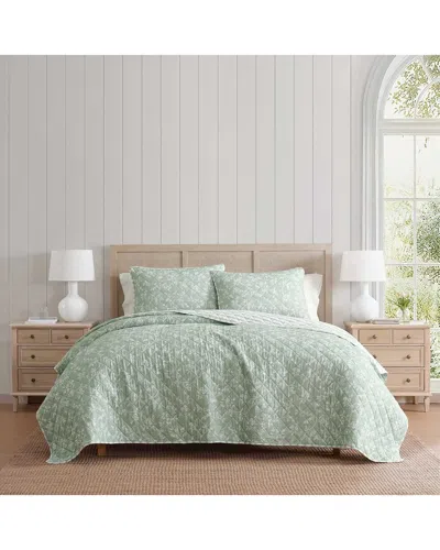 Martha Stewart French Bird Floral Cotton Percale Quilt Set In Green