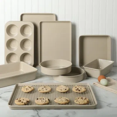 Martha Stewart Gallen 10 Piece Baking Pans Ceramic Pfa Free Non-toxic Non-stick Bakeware Set In Taupe