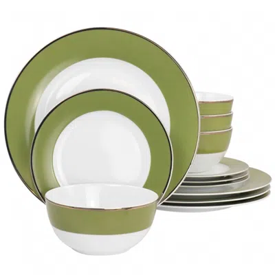 Martha Stewart Gold Rimmed 12 Piece Fine Ceramic Dinnerware Set In Green