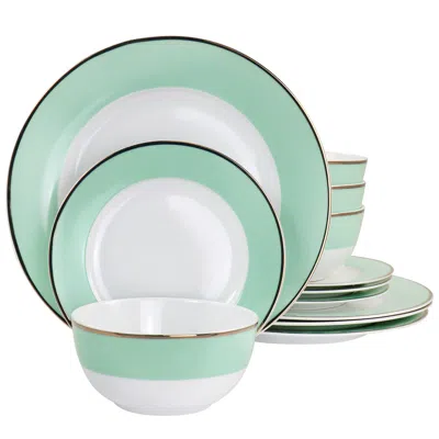 Martha Stewart Gold Rimmed 12 Piece Fine Ceramic Dinnerware Set In Mint