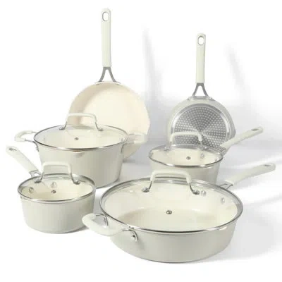 Martha Stewart Heathland Premium Nonstick Interior 10-piece Tapered Aluminum Cookware Set In White