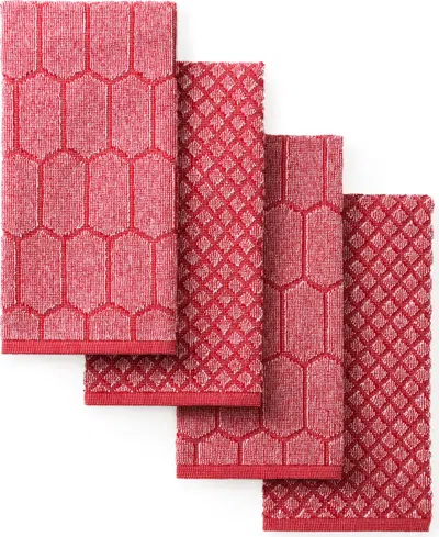 Martha Stewart Honeycomb Chambray Textured Cotton Kitchen Towel Set, 16" X 28" In Red