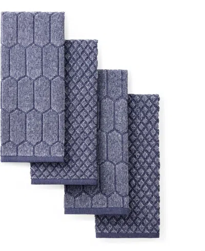 Martha Stewart Honeycomb Chambray Textured Cotton Kitchen Towel Set, 16" X 28" In Blue