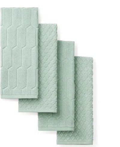 Martha Stewart Honeycomb Chambray Textured Cotton Kitchen Towel Set, 16" X 28" In Green
