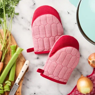Martha Stewart Honeycomb Quilted Chambray Mini Oven Mitt 2-pack Set Red 5.5"x8"