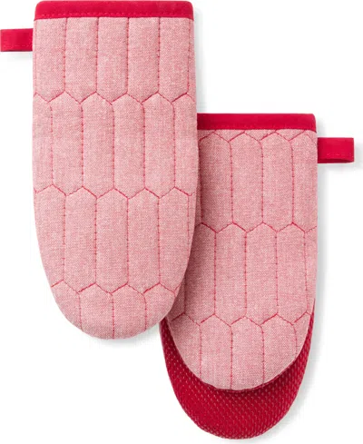 Martha Stewart Honeycomb Quilted Chambray Mini Oven Mitt Set, 5.5" X 8" In Red