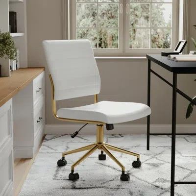 Martha Stewart Ivy Ribbed Upholstered Armless Swivel Home Office Chair In White