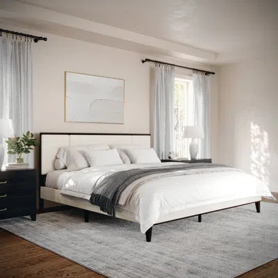 Martha Stewart Jett Wooden Platform Bed With Upholstered Base And Triple Inset Headboard In Beige