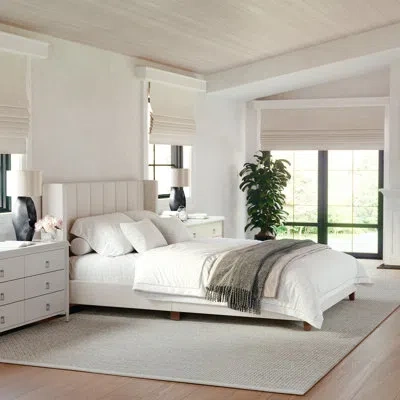 Martha Stewart Kay Upholstered Platform Bed With Channel Stitched Wingback Headboard In Beige