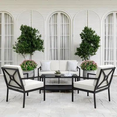 Martha Stewart Lily Pond 4pc Steel Patio Conversation Set With Loveseat, 2 Accent Chairs, Coffee Table In Black