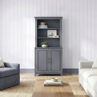 Martha Stewart Lily Pond Wooden Hutch With Double Open Shelves And Solid Wood Frame In Gray