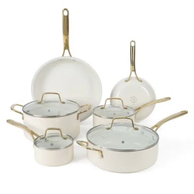Martha Stewart Lockton 10-piece Ceramic Nonstick Cookware Set With Gold Handles, Induction Safe In Neutral