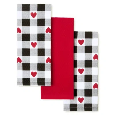 Martha Stewart Love Check Gingham Hearts Kitchen Towel Set Black/white/red 16”x28” In Black;white;red